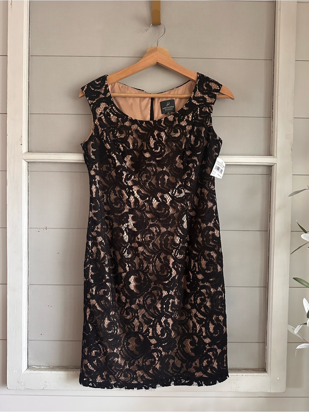 Adrianna Papell Nude Cocktail Dress With Black Lace Overlay